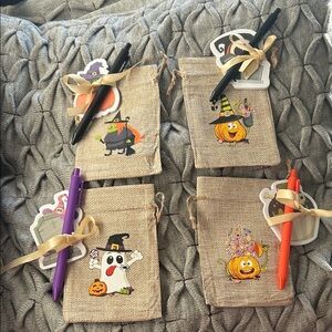 Halloween Burlap Gift Bags with Pens and Sticky Notes